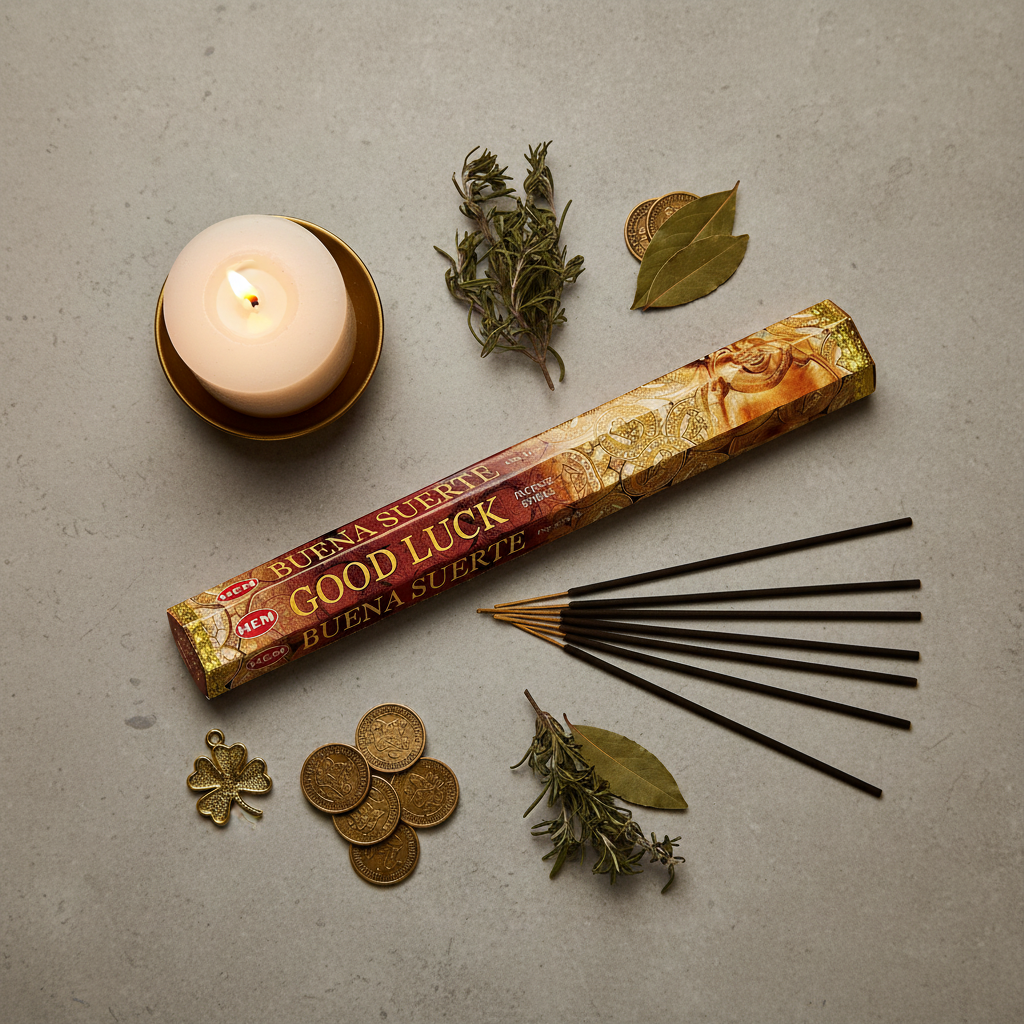 HEM Good Luck incense flat lay with box, sticks, coins and herbs