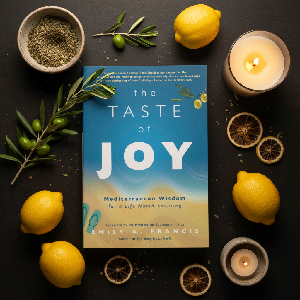 The Taste of Joy by Emily A. Francis - dark luxe flat lay with olive branch, ceramic bowl and candle