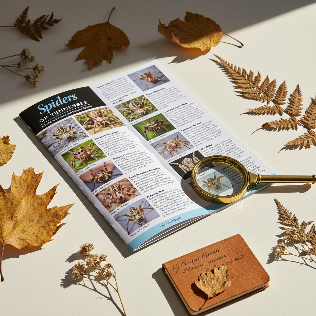 Spiders of Tennessee field guide open showing interior identification pages with nature props