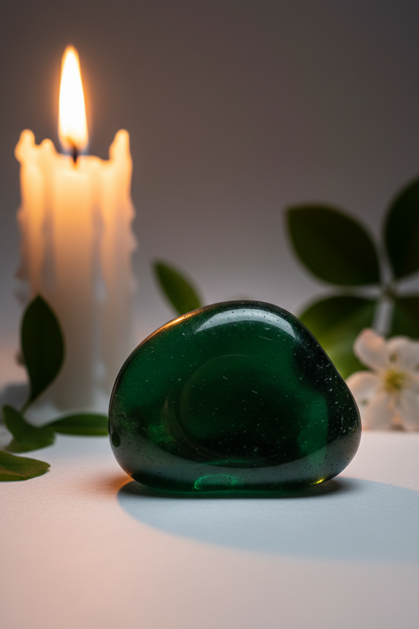 Green Obsidian glass tumbled stone lifestyle shot