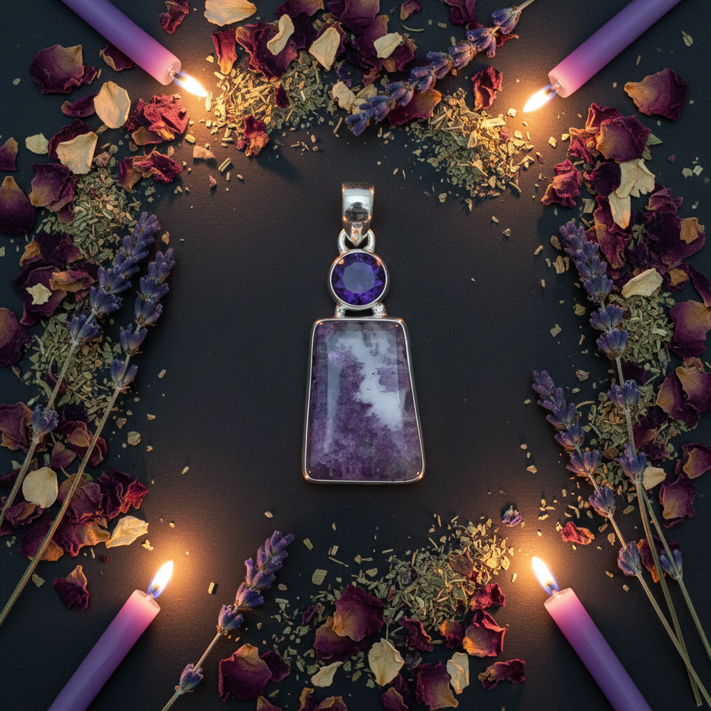 Lodolite amethyst pendant flat lay with lavender, purple petals and unlit purple candles on dark charcoal background