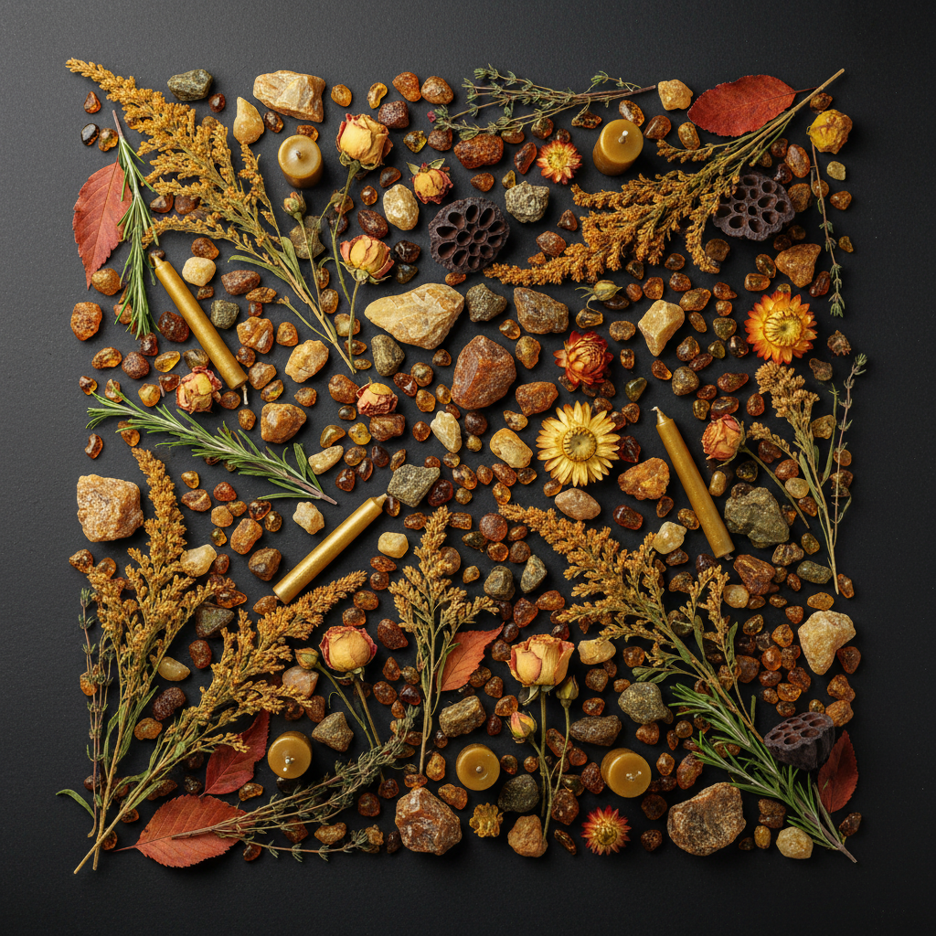 Dark flat lay with raw amber chunks, dried golden botanicals, autumn leaves and amber candles on charcoal background
