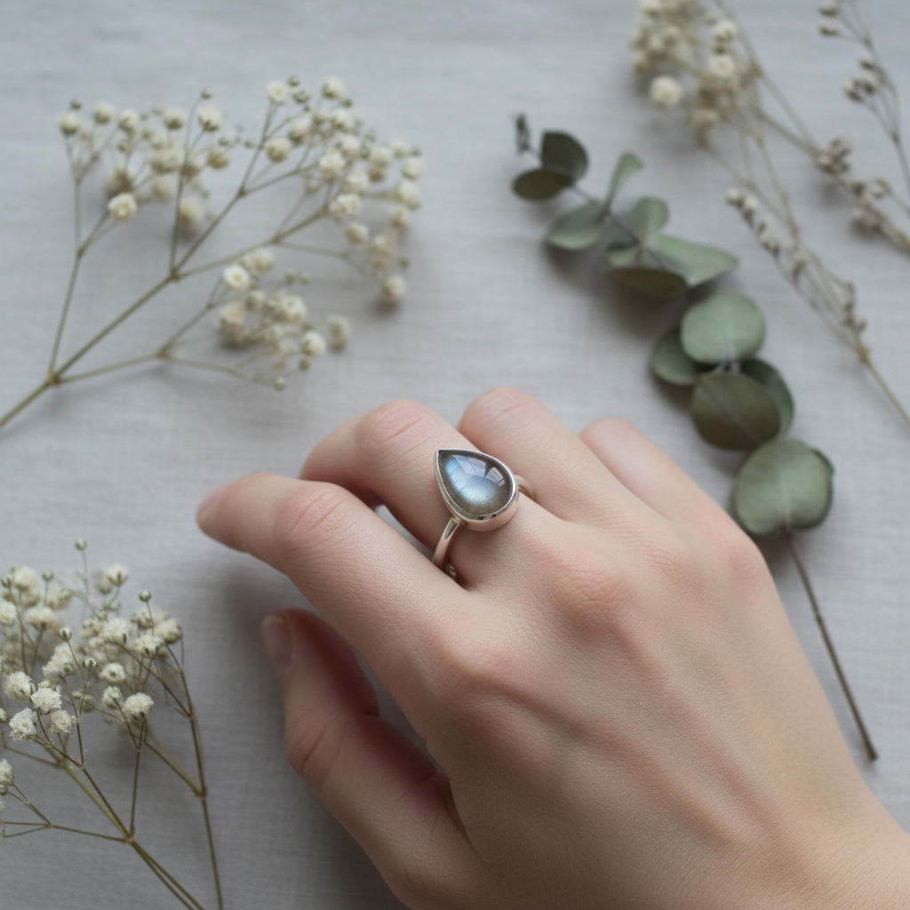 Grey moonstone teardrop sterling silver ring worn on finger showing smoky grey stone with blue white adularescence