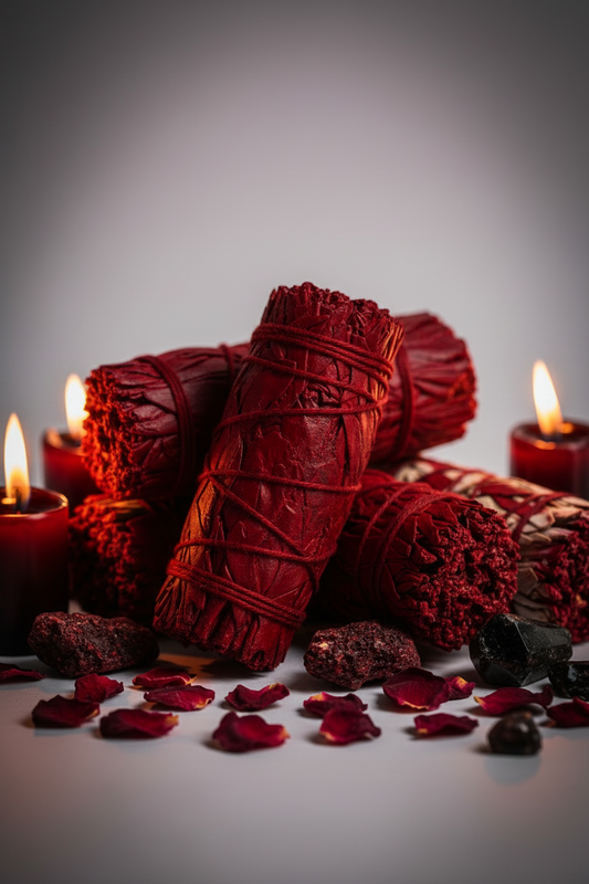 Dragon's Blood White Sage smudge bundles hero shot with solid red resin coating