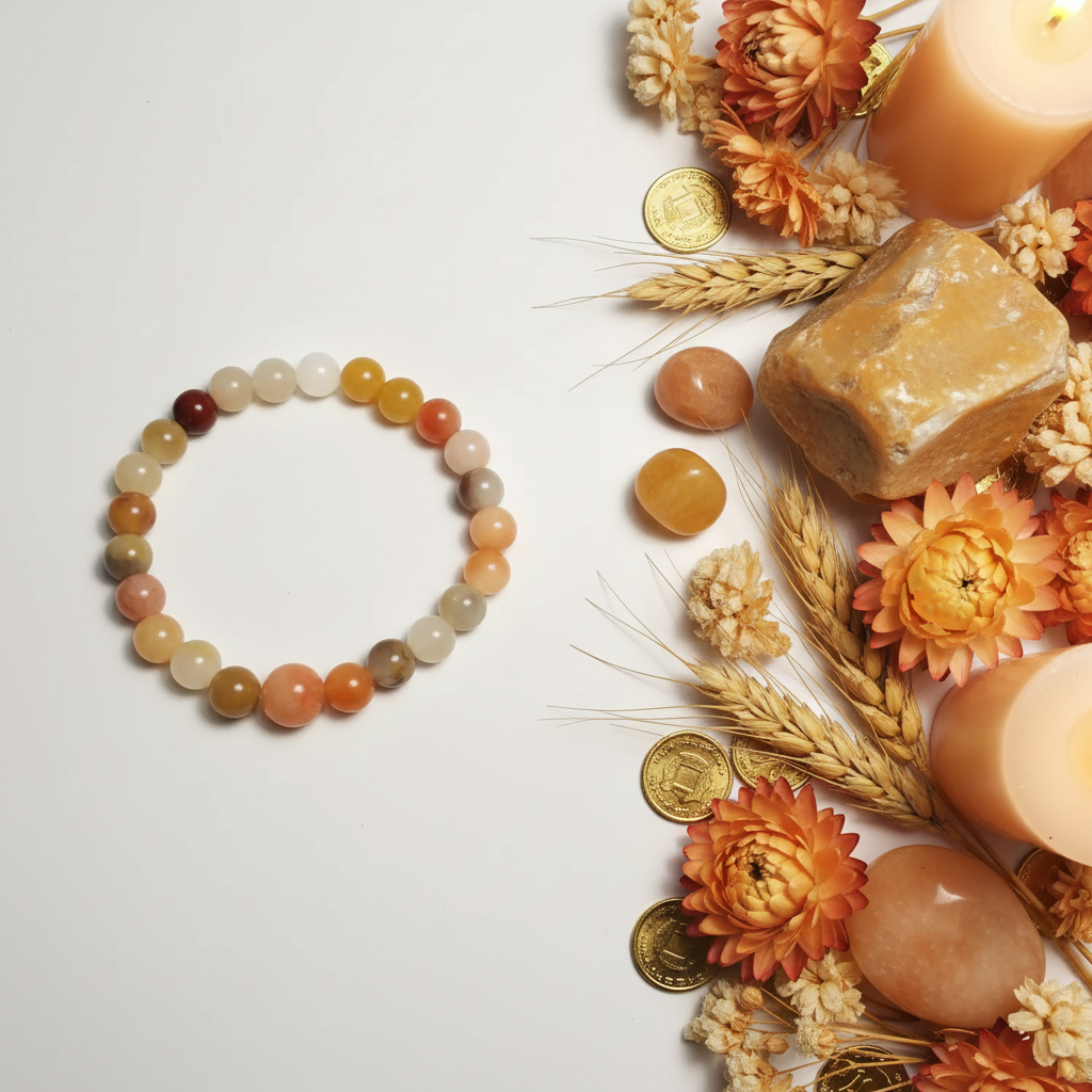 Rainbow Nephrite Jade 8mm beaded stretch bracelet with jade stones, cream flowers and golden wheat on light grey background