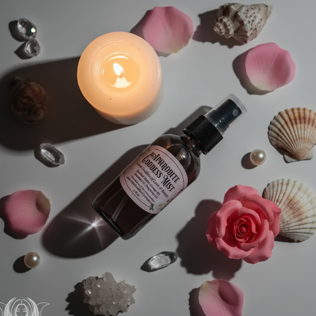 Aphrodite Goddess Mist flat lay with rose petals, seashells, pearls and candle