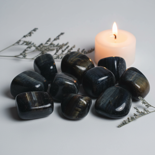 Cluster of blue tiger eye tumbled stones with silky chatoyant shimmer and candle props