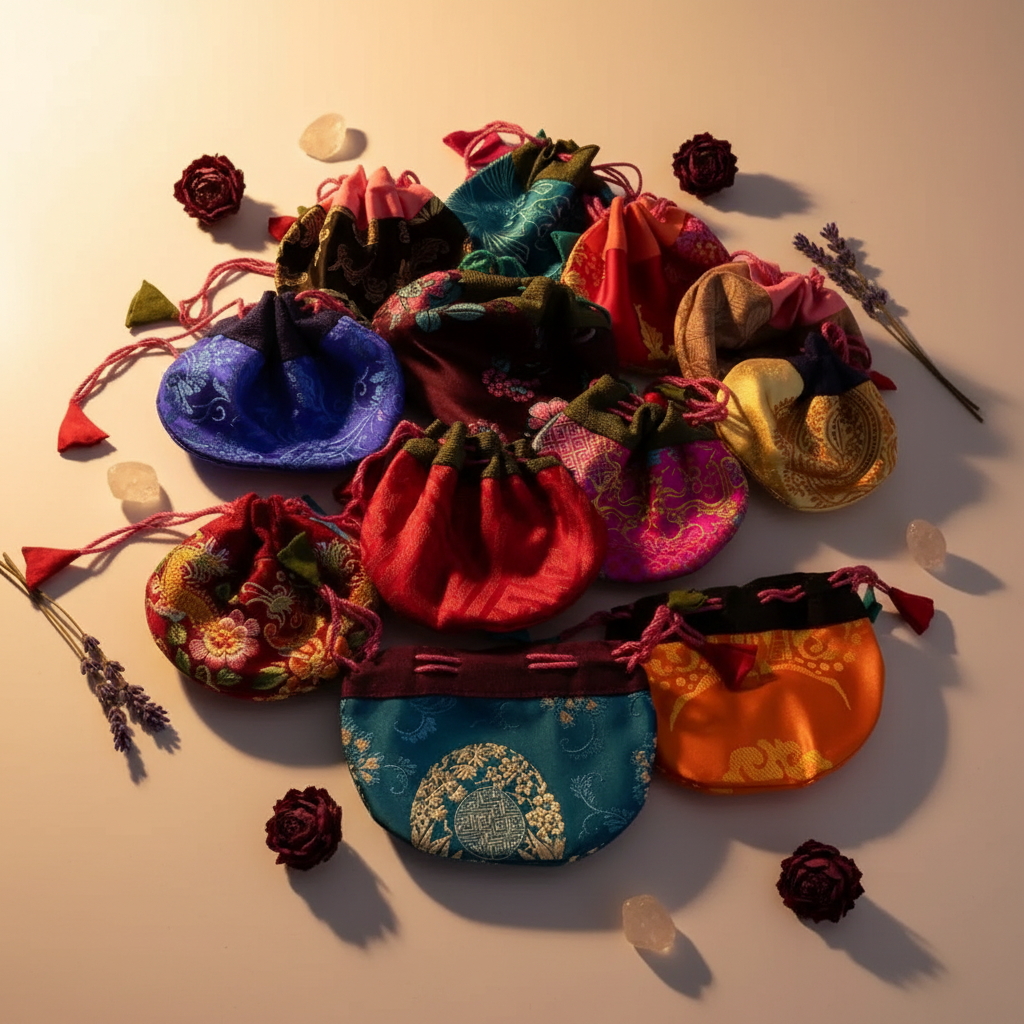 Embroidered brocade silk drawstring pouches hero shot in assorted jewel tones with crystals