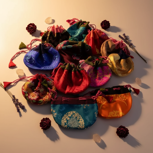 Embroidered brocade silk drawstring pouches hero shot in assorted jewel tones with crystals