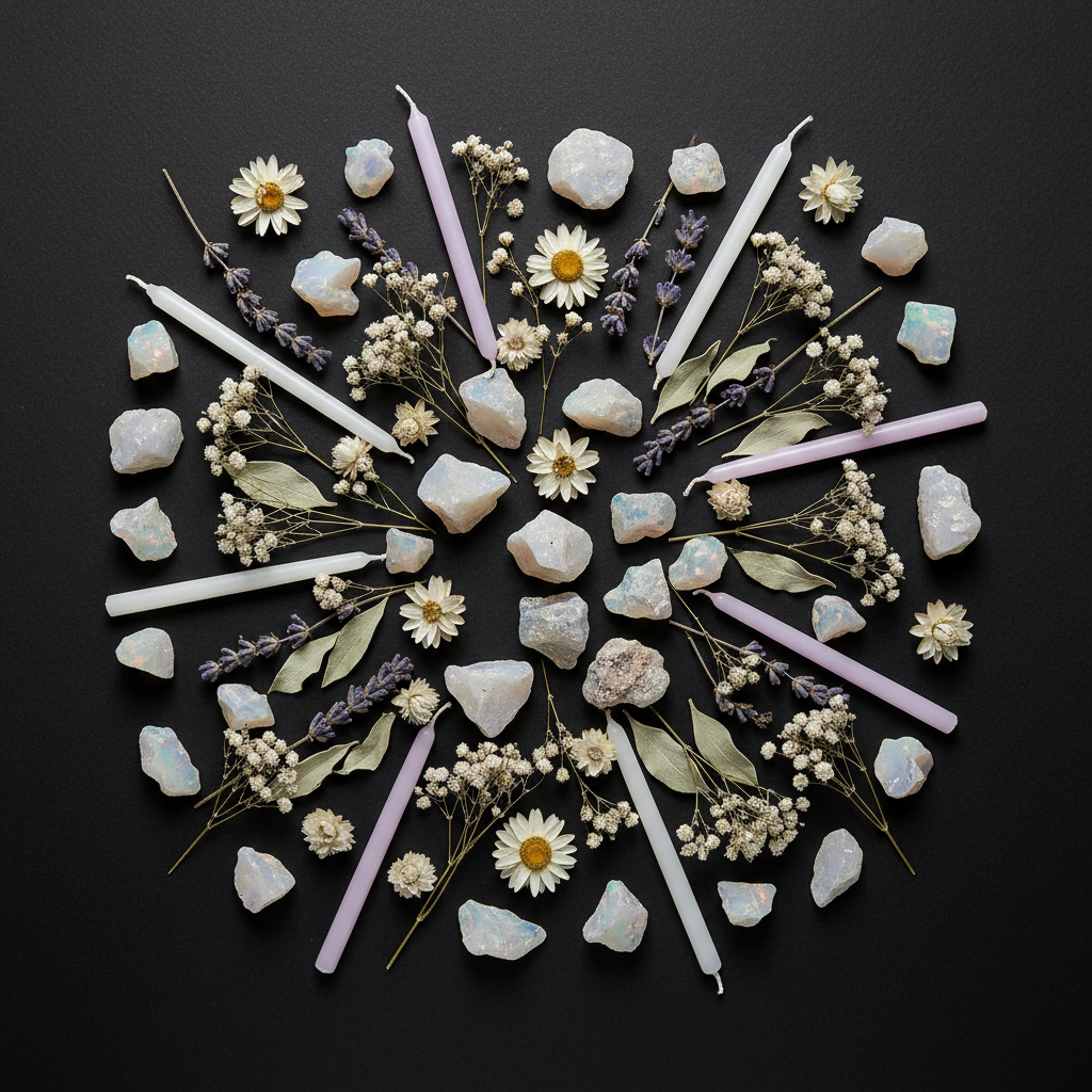 Flat lay with opalite pieces, dried white flowers, pale lavender botanicals and white candles on dark charcoal background