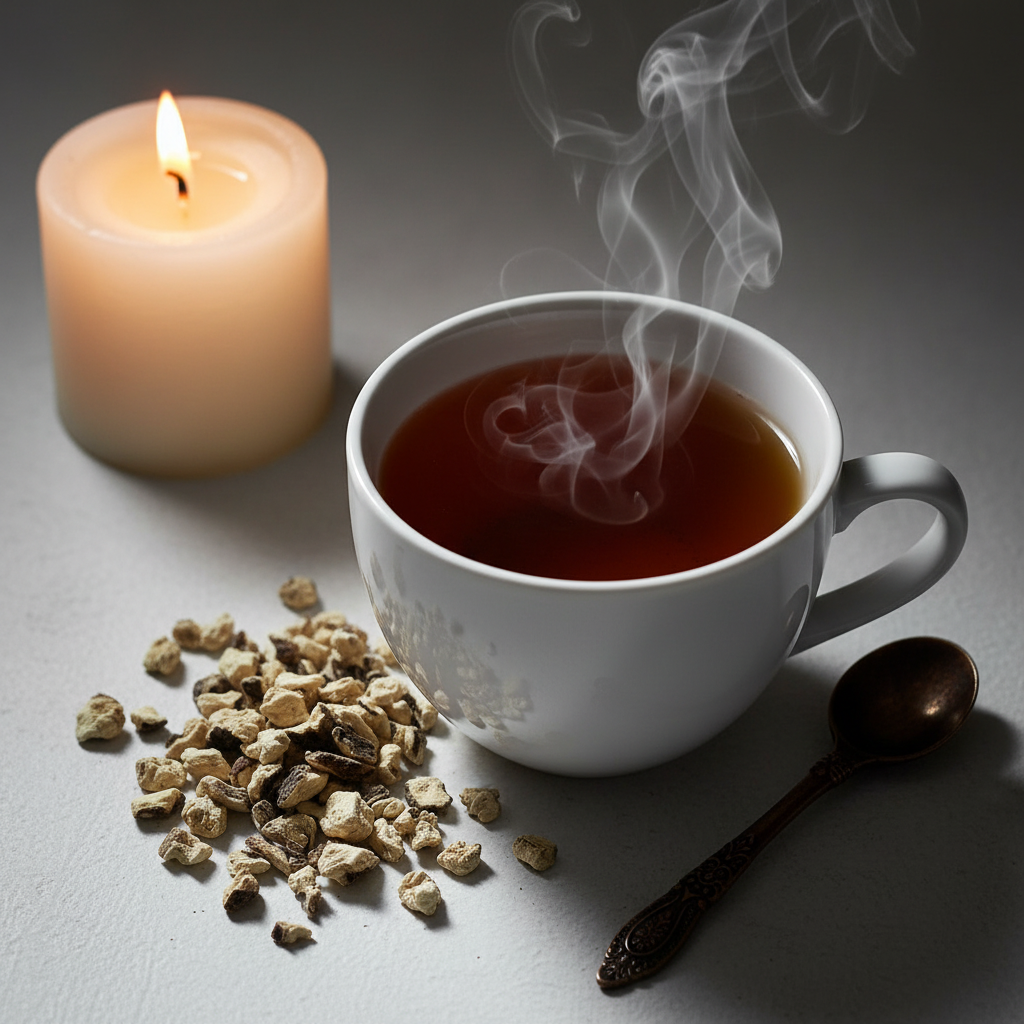 Comfrey root herbal tea steaming cup lifestyle shot