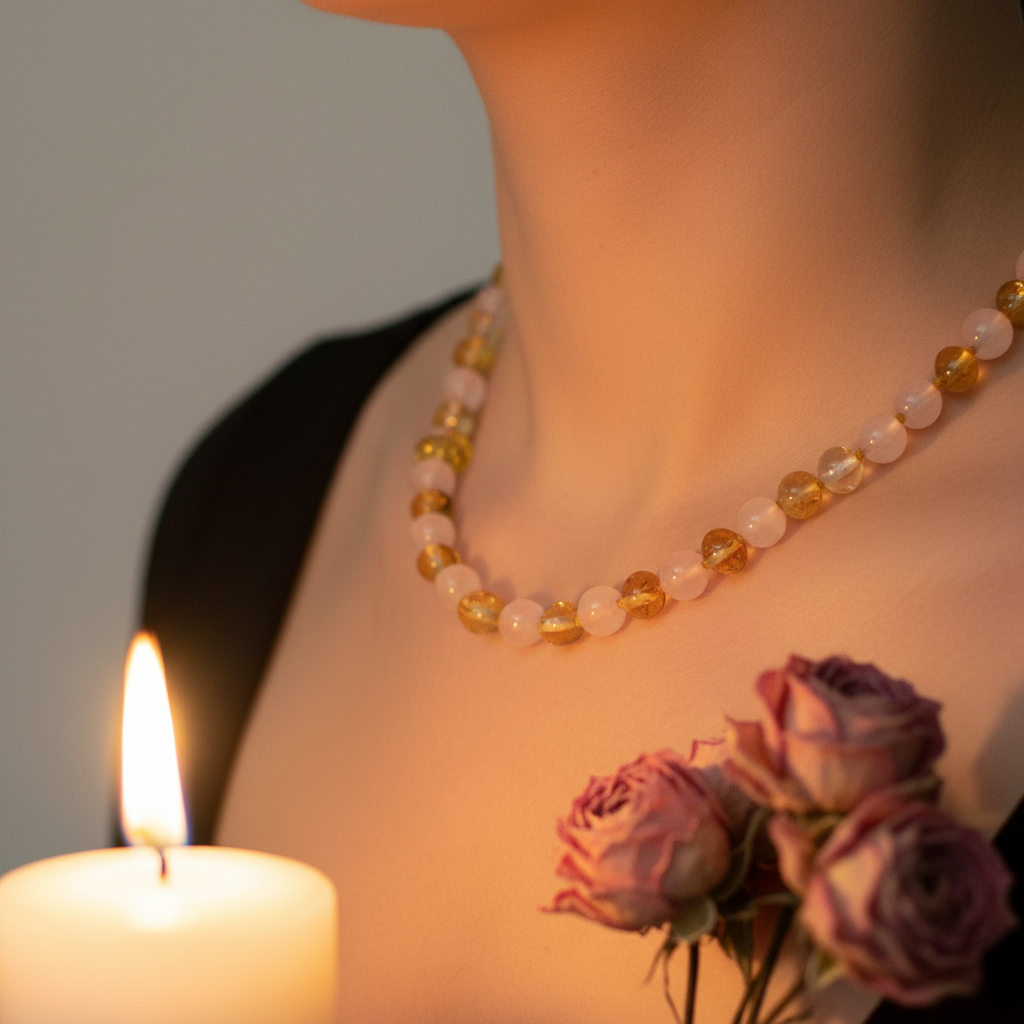 Baltic amber and rose quartz necklace with alternating gold and blush pink beads worn against skin in warm candlelight
