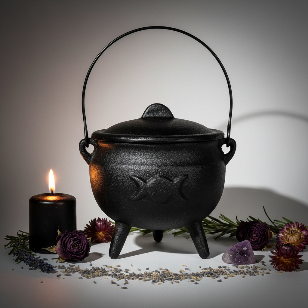 Black cast iron Triple Moon cauldron with lid, three legs and wire handle showing embossed triple moon symbol on light grey background