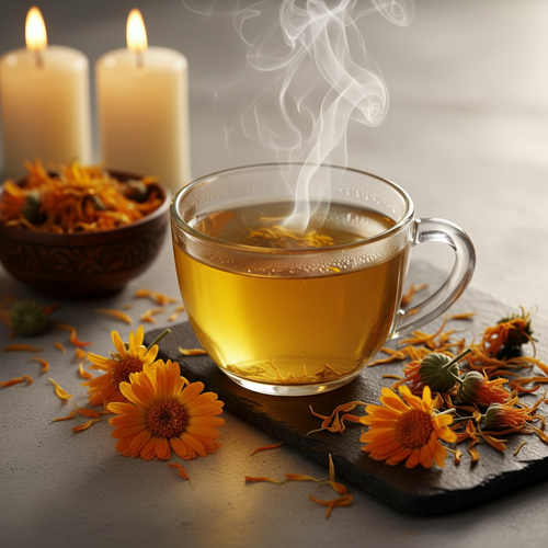 Calendula herbal tea steaming cup lifestyle shot
