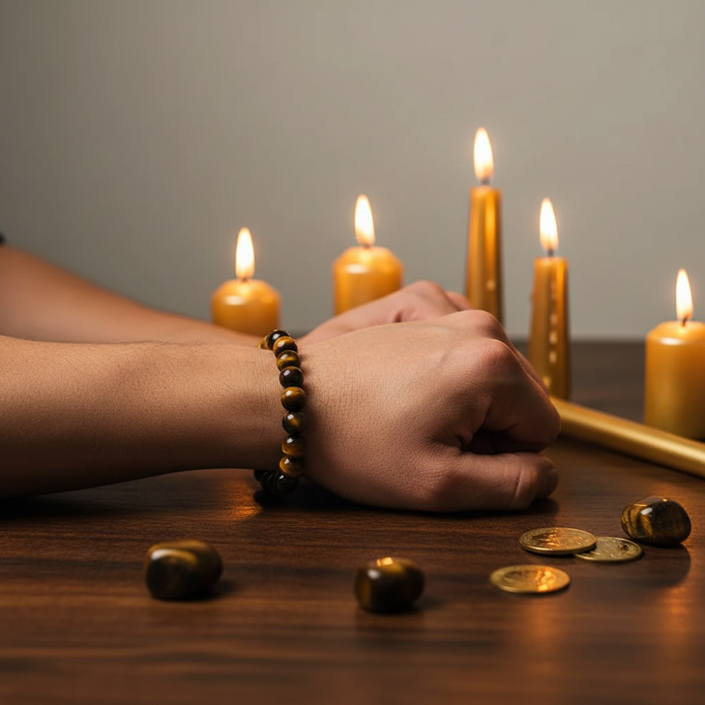 Hands in confident focused pose wearing tiger's eye bracelet with chatoyant shimmer in warm candlelight