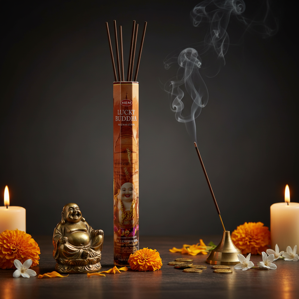 HEM Lucky Buddha incense tube with burning stick, Buddha figurine, marigold flowers and gold coins