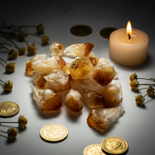 Cluster of citrine natural raw points with gold coins and chamomile flower props