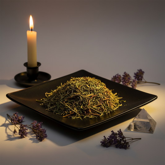Hyssop dried herb on black ceramic plate hero shot