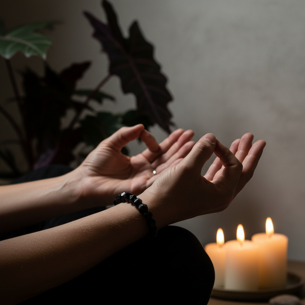 Hands in protective meditation wearing black tourmaline icosahedron bracelet with geometric facets catching warm candlelight