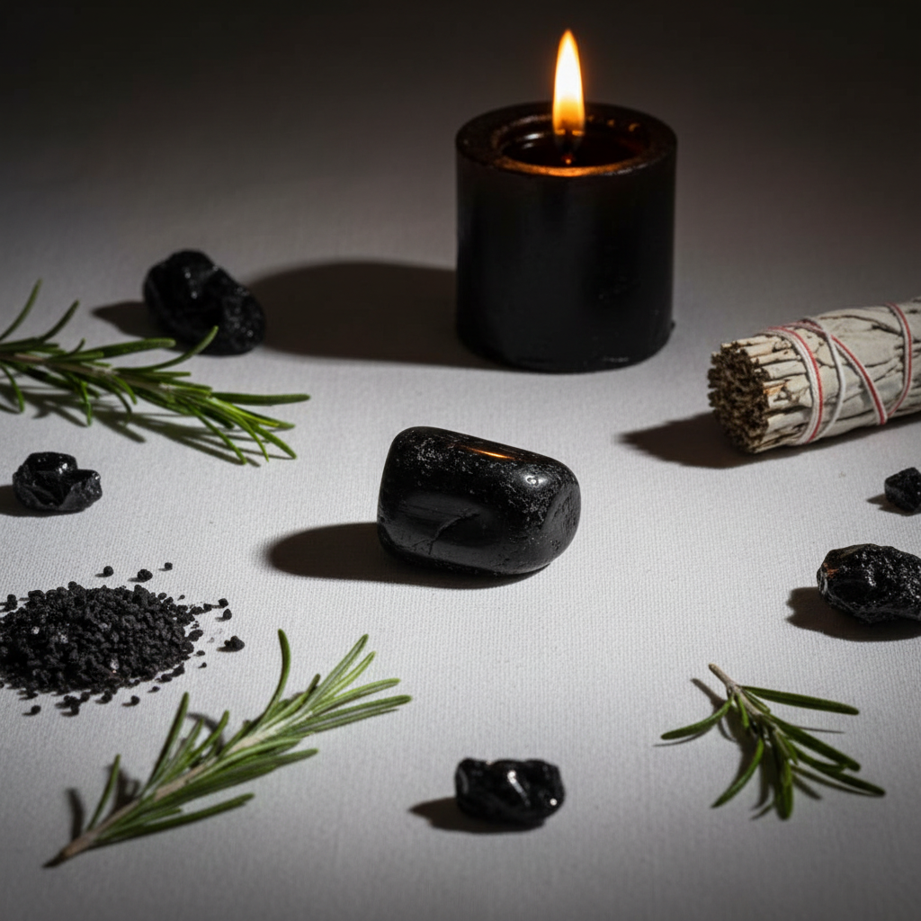 Single black tourmaline tumbled stone with protection-themed props and candle