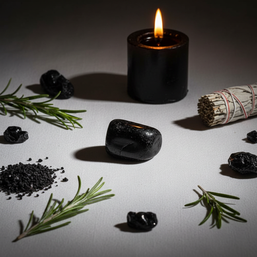 Single black tourmaline tumbled stone with protection-themed props and candle