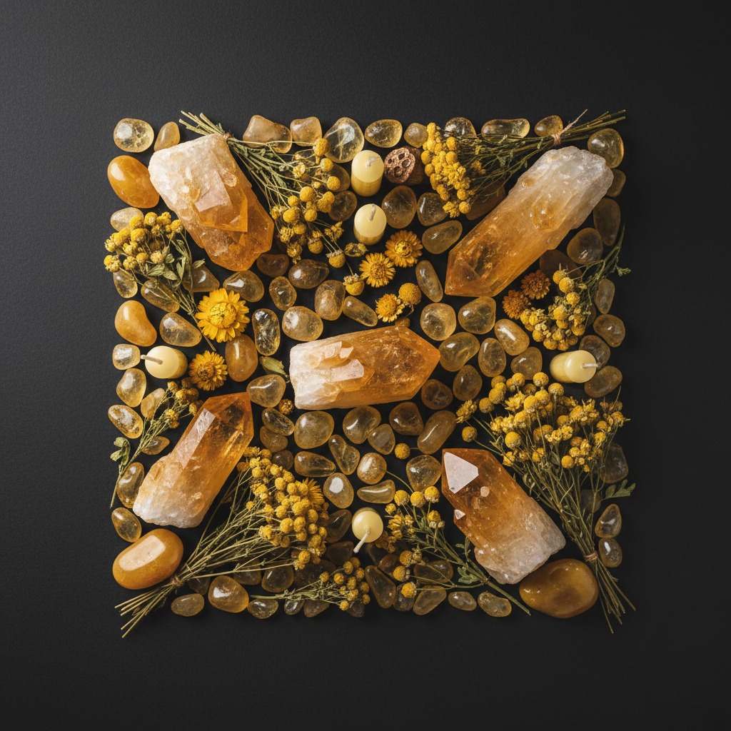 Dark flat lay with raw citrine crystals, dried yellow flowers, golden botanicals and chamomile on charcoal background