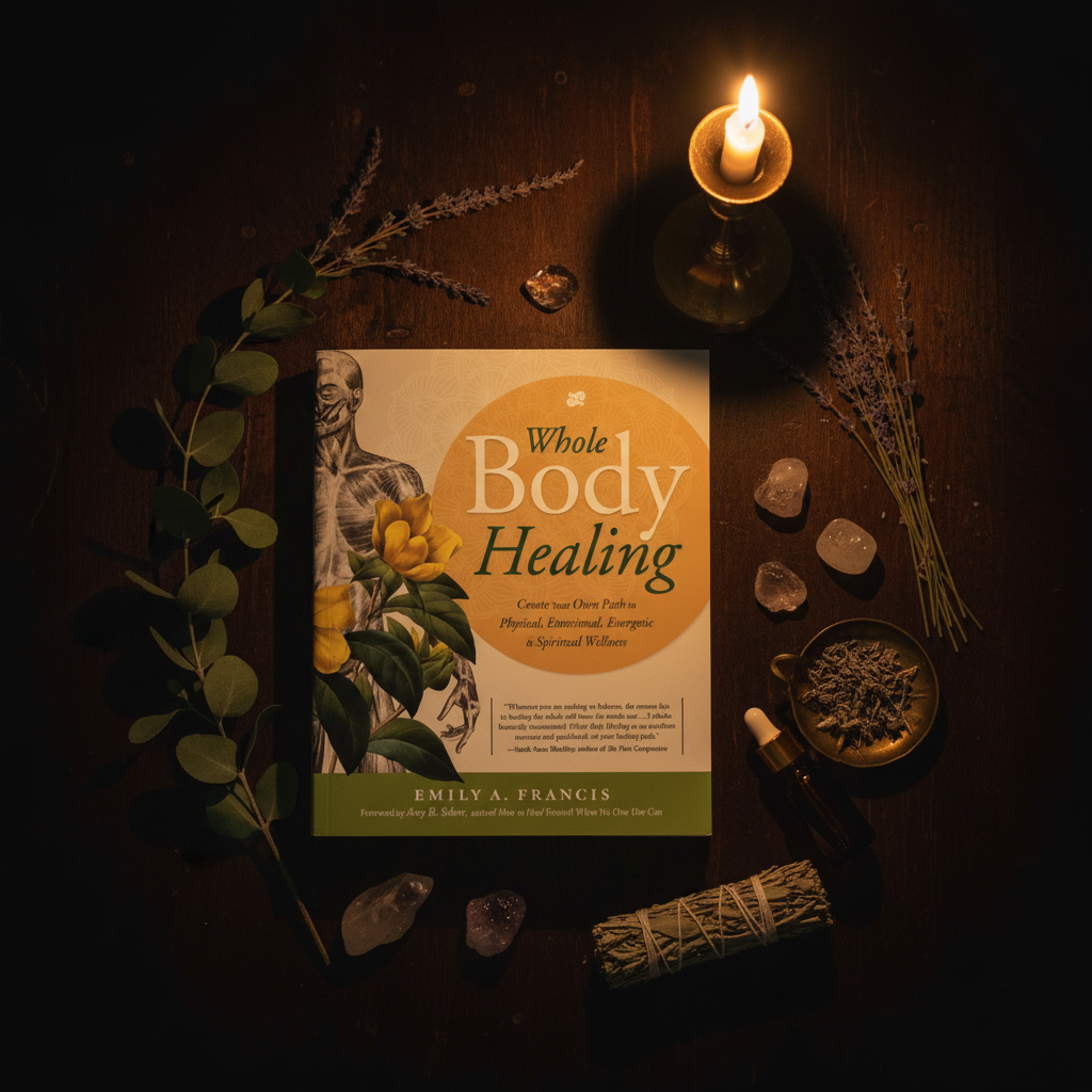 Whole Body Healing by Emily A. Francis - dark luxe flat lay with botanicals, crystals and candle