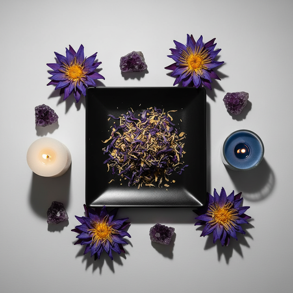 Flat lay of Blue Lotus Flower herbs on black plate with amethyst crystals and candle props