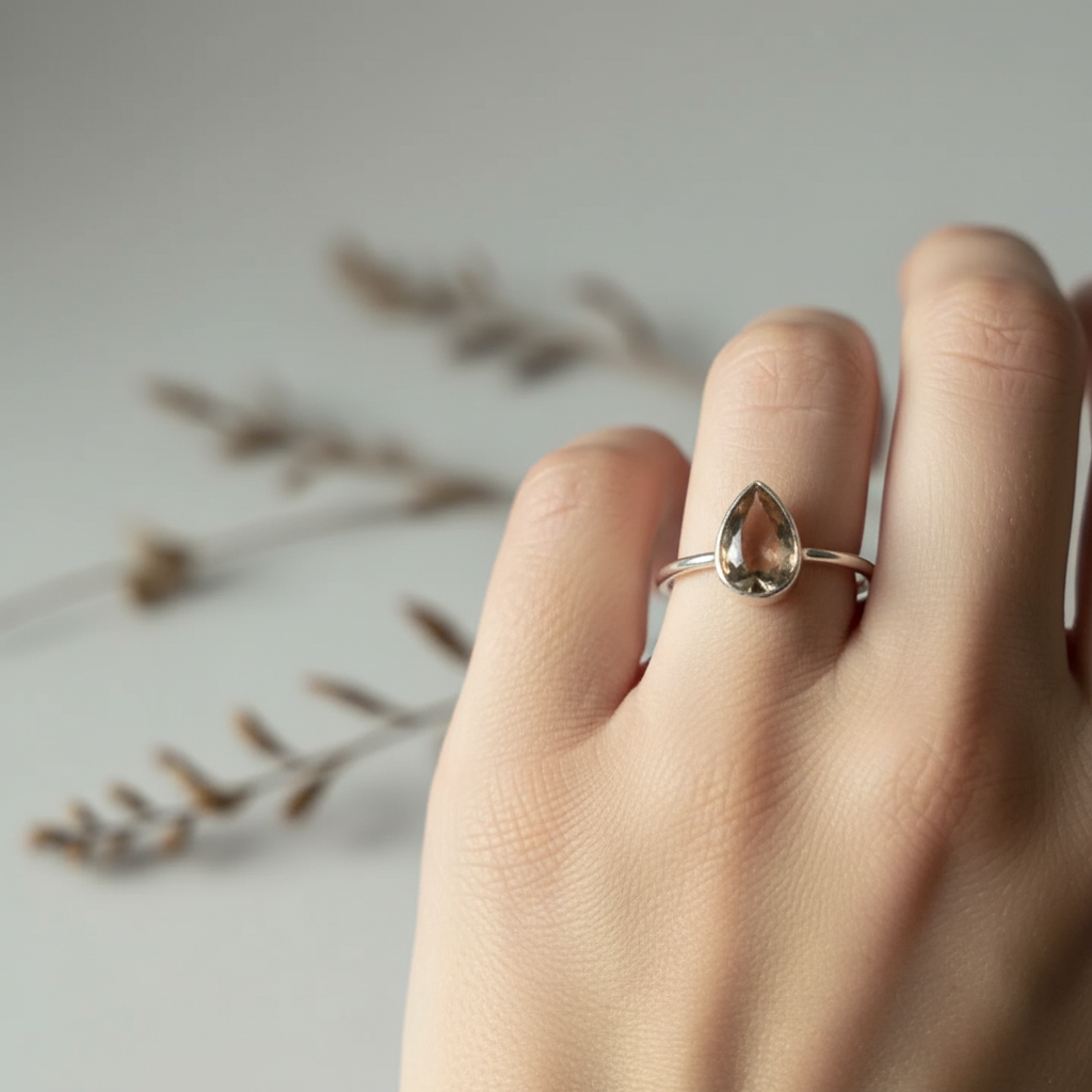Hand wearing smoky quartz teardrop sterling silver ring close-up with warm honey-brown stone in soft light