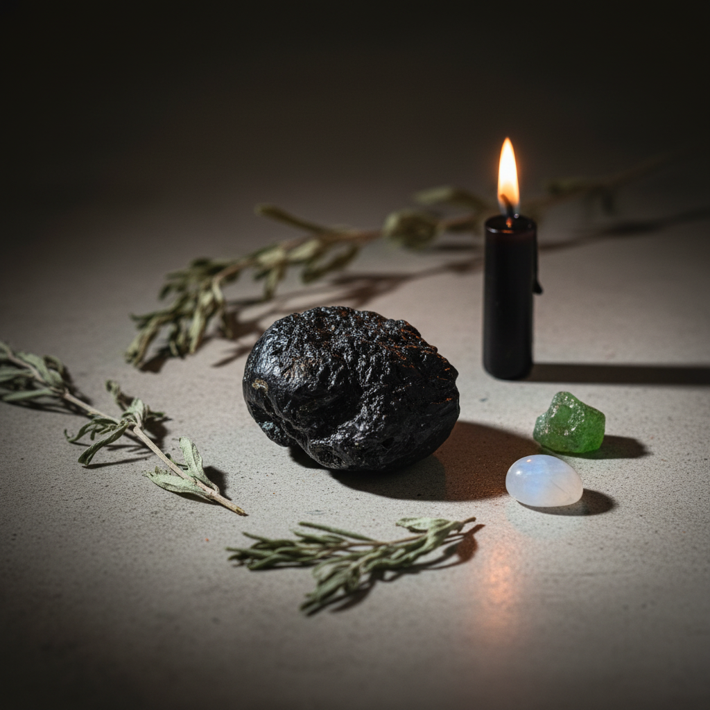Single raw Manitite tektite beside black candle, mugwort, and moonstone in warm candlelight