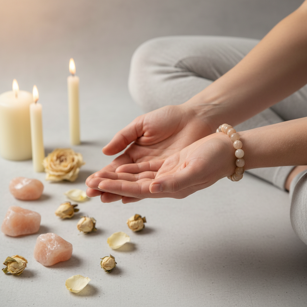 Hands in meditation pose wearing peach moonstone bracelet with moonstone tumbles and cream roses in candlelight