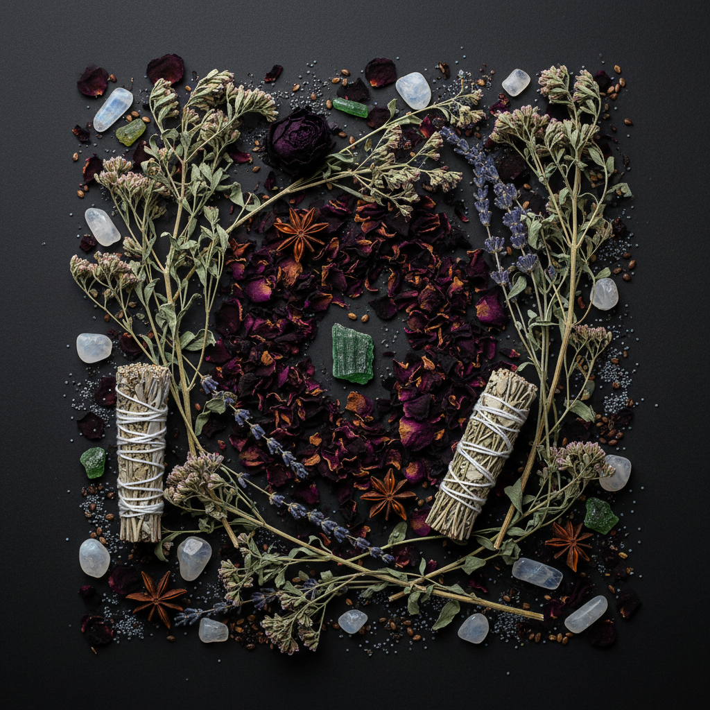 Top-down flat lay of mugwort, moonstone, dried herbs, and star anise on dark background