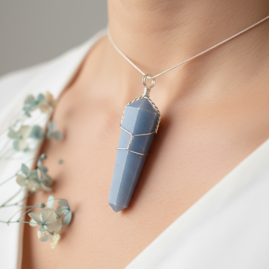 Angelite wire wrapped pendant worn on neck showing soft powder blue faceted crystal point and silver wire cage