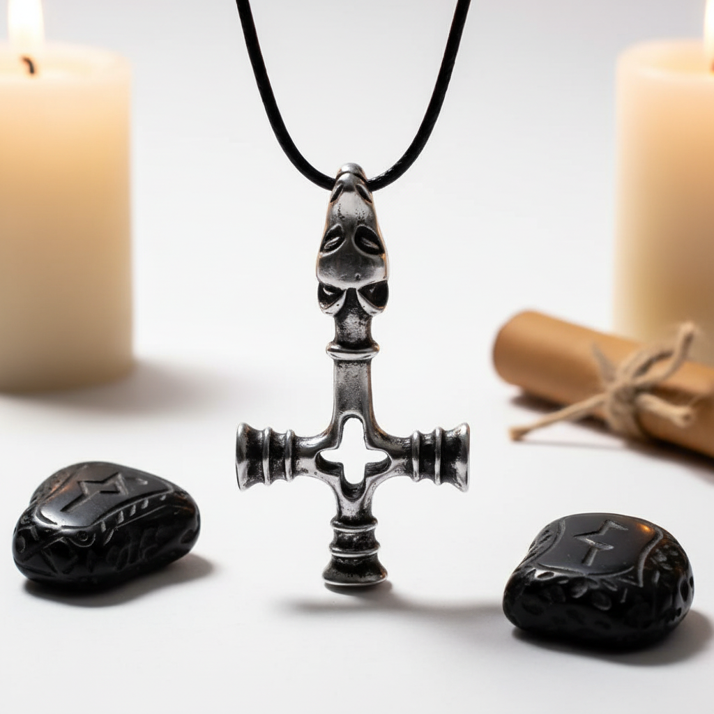 Dragon Hammer solid pewter pendant on black cord, bright white background with candlelight