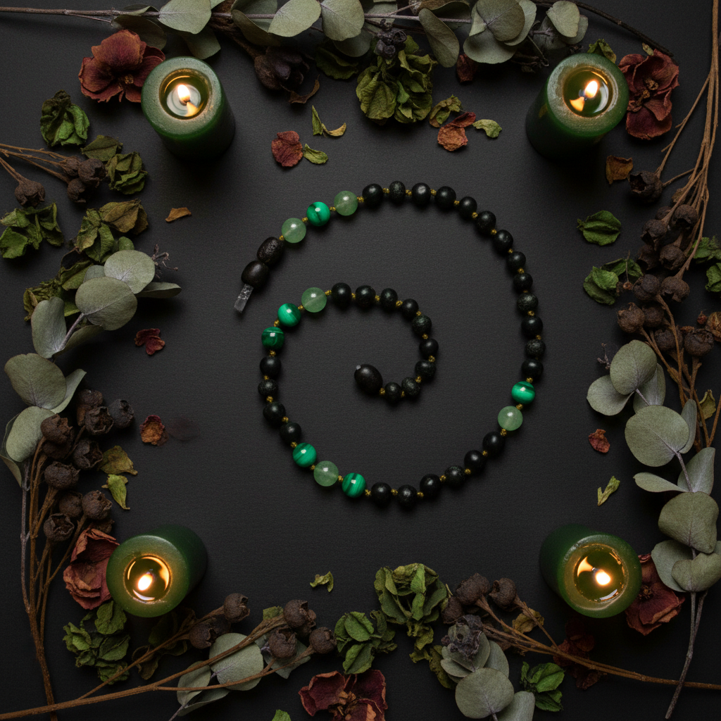 Raw molasses amber necklace with green aventurine and malachite flat lay with eucalyptus and dark green candles on charcoal background