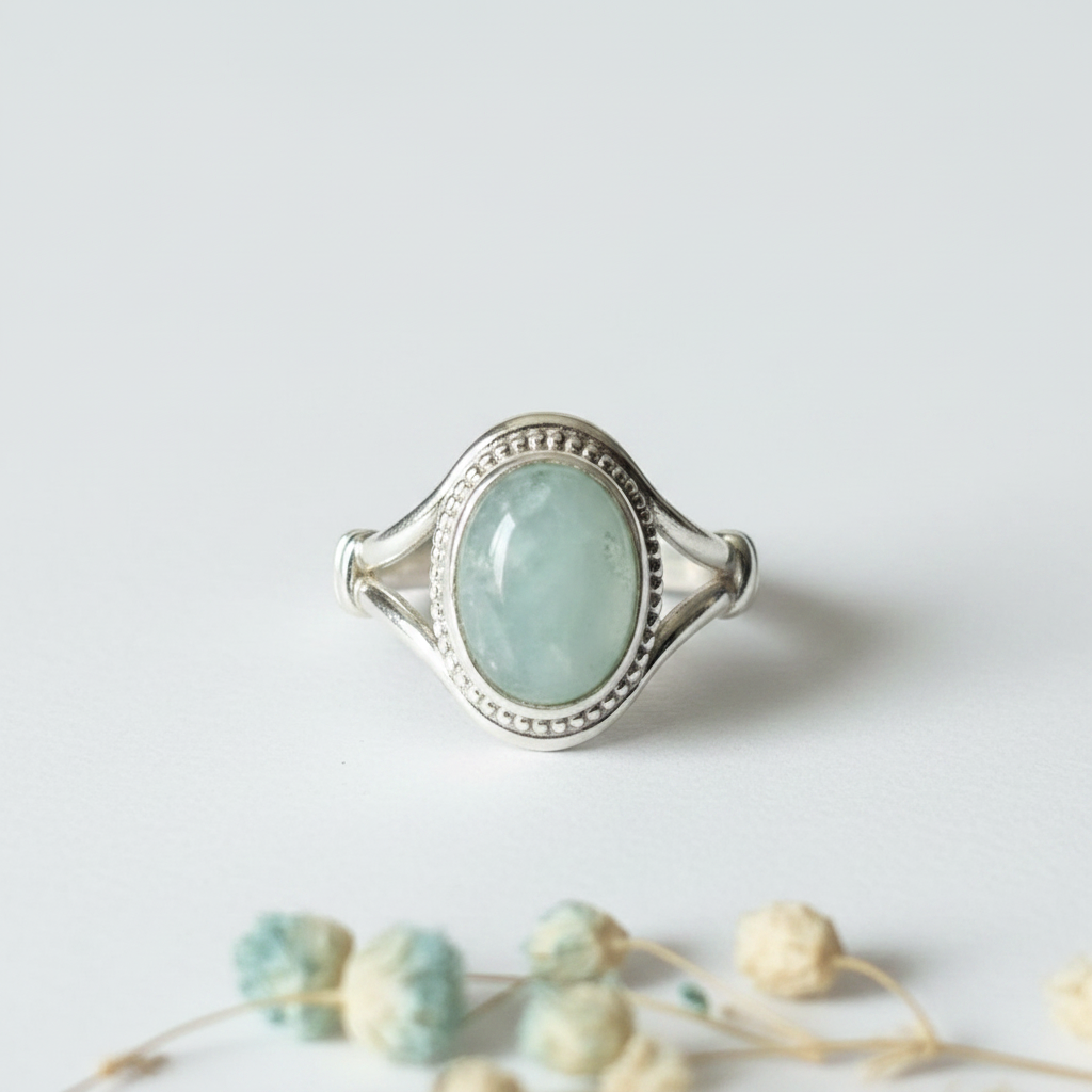 Aquamarine sterling silver V-band knot ring dominant in frame with pale icy seafoam-blue stone and ornate setting