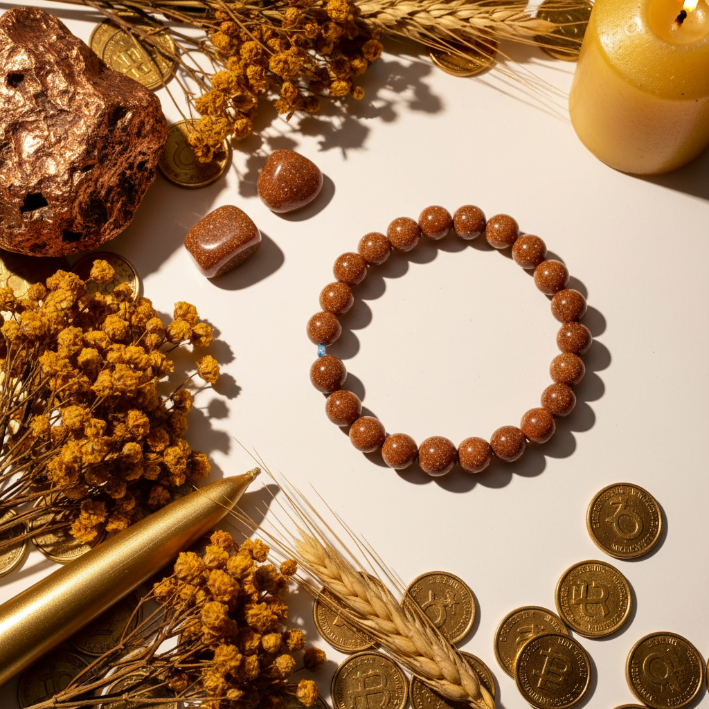 Goldstone 8mm beaded stretch bracelet with copper chunk, golden botanicals and gold coins on light grey background