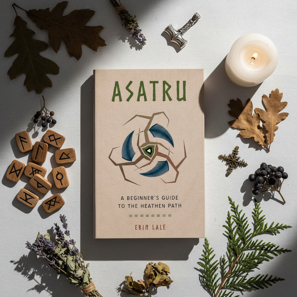 Flat lay of Asatru book with rune stones, Mjolnir pendant, dried herbs, vegvisir charm and candle