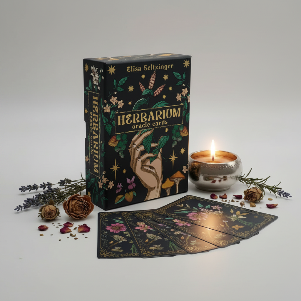 Herbarium Oracle Cards box by Elisa Seitzinger on bright white background with oracle cards and dried botanicals