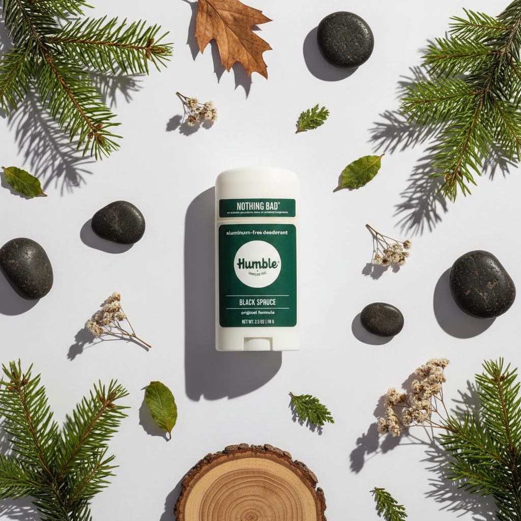 Flat lay of Humble Black Spruce deodorant with spruce sprigs, black stones and green leaves