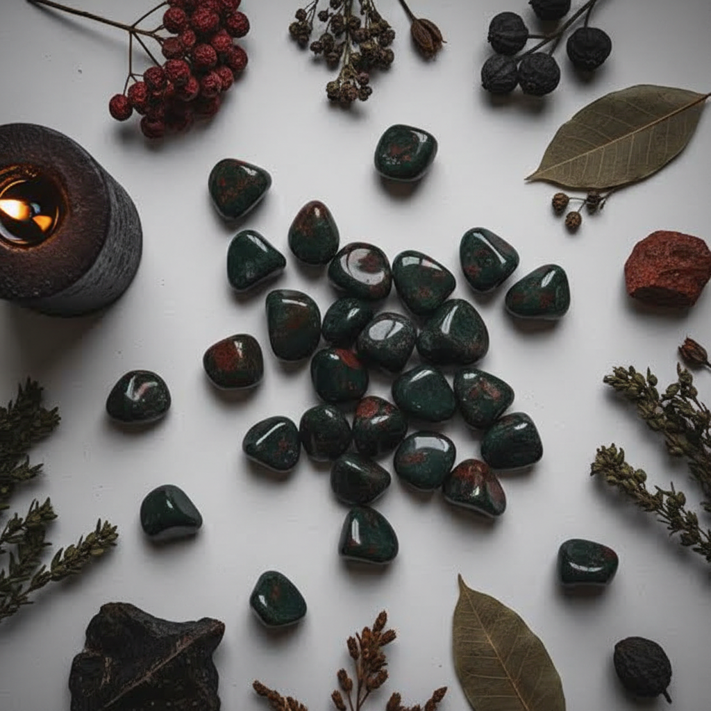 Flat lay of bloodstone tumbled stones with red flowers, dried herbs, red jasper and dark candle on light grey background
