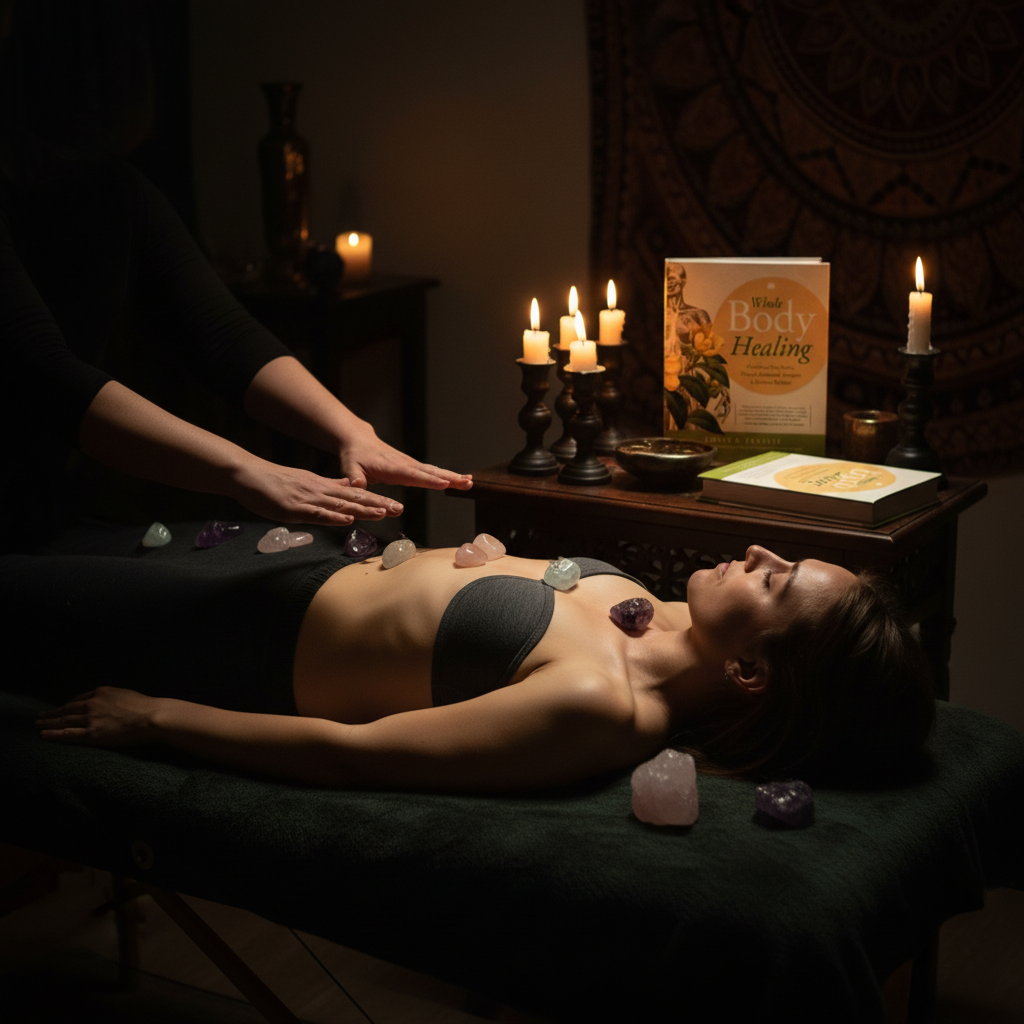 Whole Body Healing by Emily A. Francis - dark luxe energy healing lifestyle scene with crystals and candles