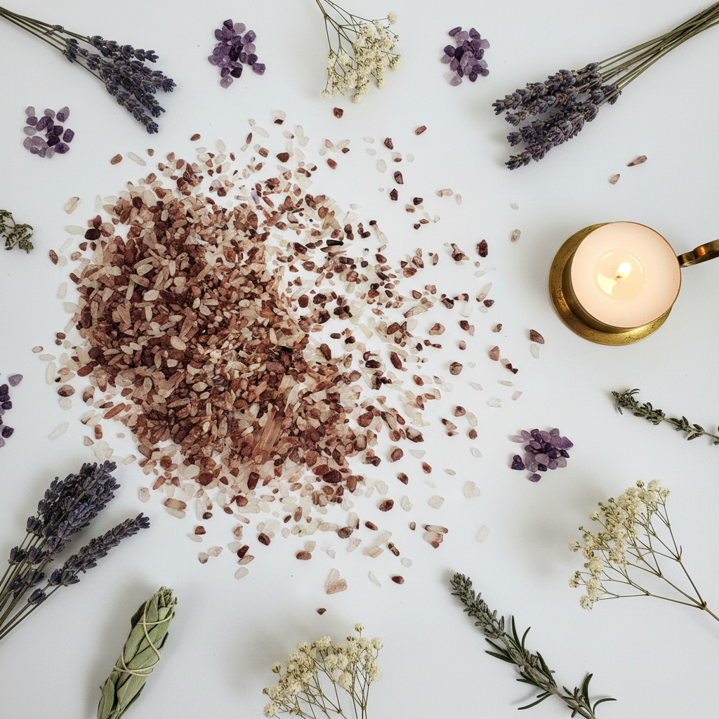 Flat lay of lithium quartz crystal chips with lavender, white flowers and candle props
