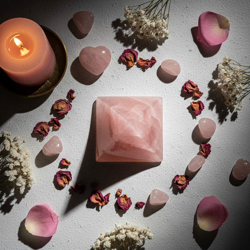 Flat lay of rose quartz pyramid with tumbled stones, rose petals, candle and dried flowers