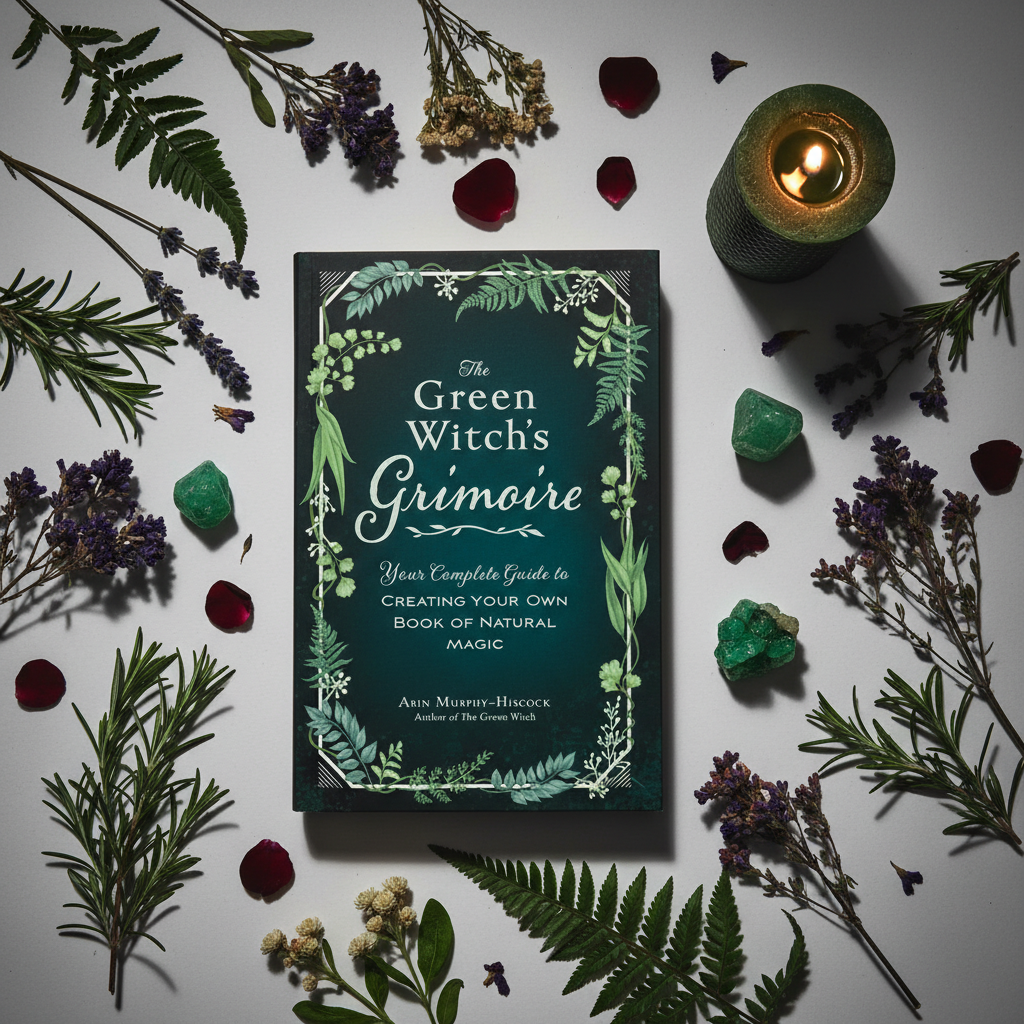 The Green Witch's Grimoire flat lay with herbs, crystals and candle
