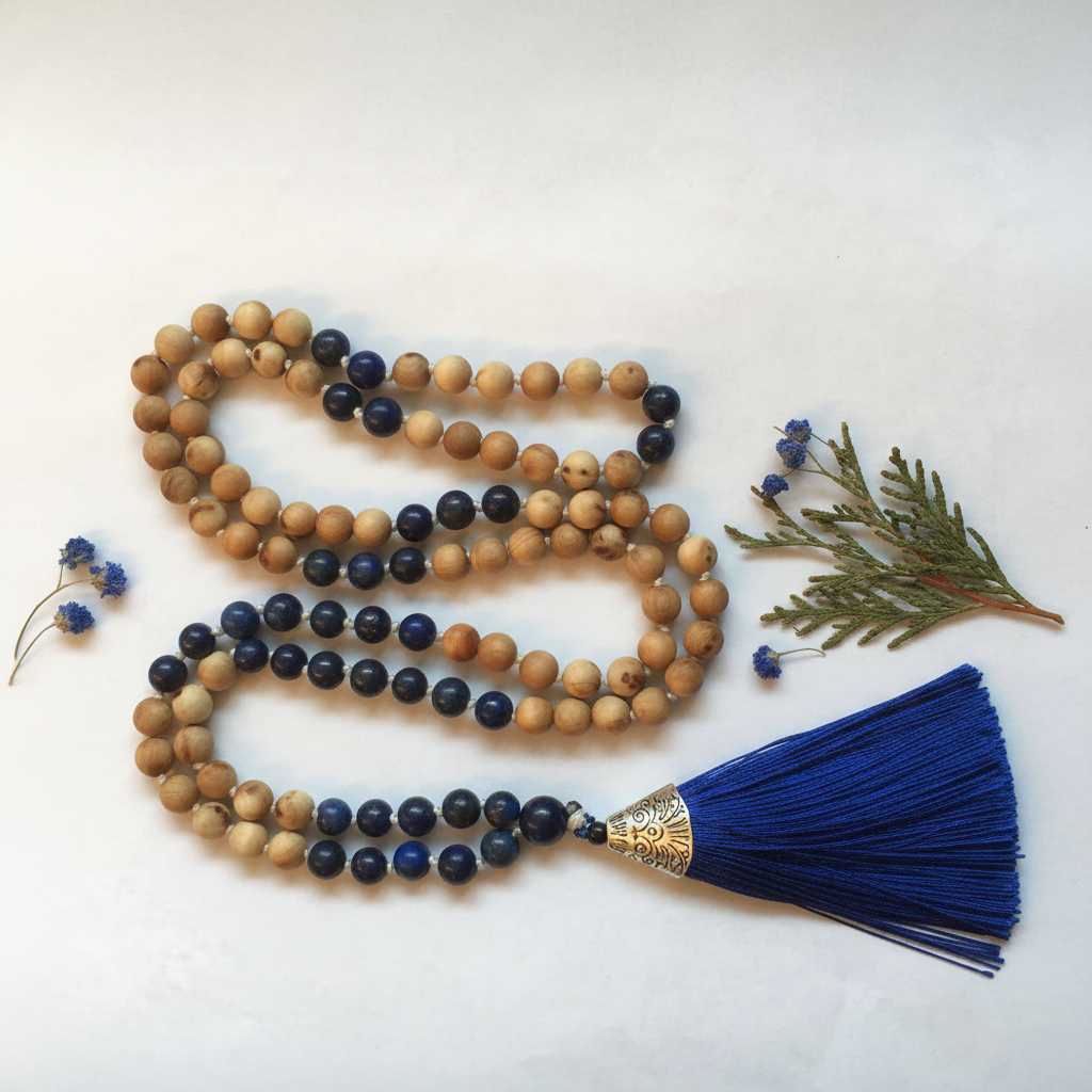 Cedarwood and lapis lazuli 108-bead mala with royal blue tassel draped in elegant loop on light grey background