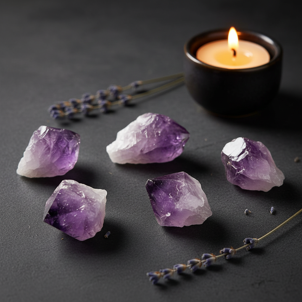 Multiple small raw amethyst crystal points arranged separately showing natural purple terminations and white bases