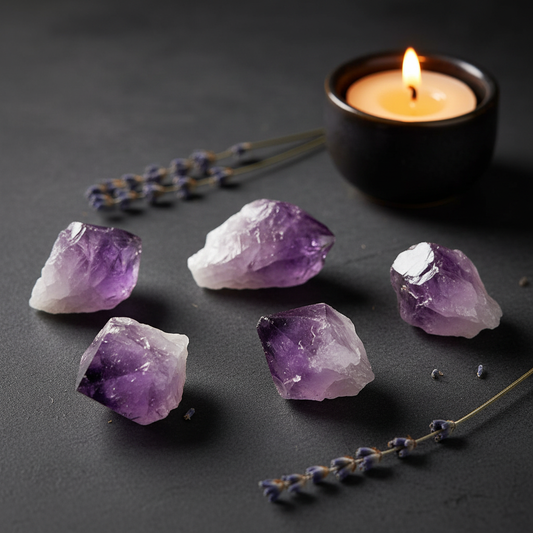 Multiple small raw amethyst crystal points arranged separately showing natural purple terminations and white bases