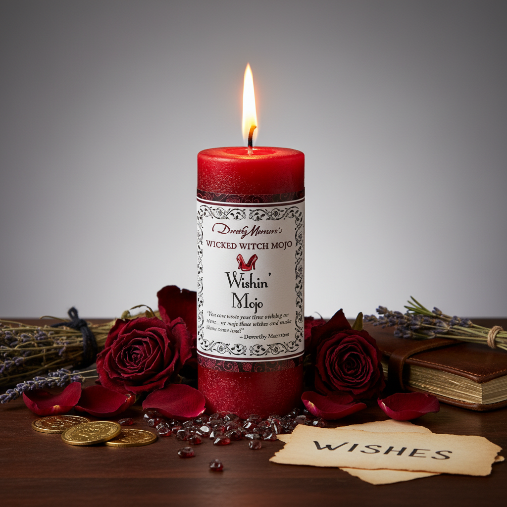 Wishin Mojo candle burning with flame, red roses, garnet chips and gold coin props