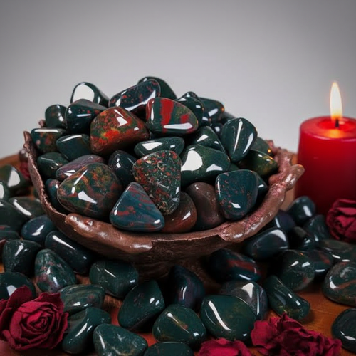 Cluster of bloodstone tumbled stones showing deep forest green with vivid red iron oxide spots